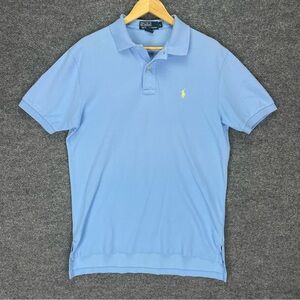 POLO Ralph Lauren Polo Shirt Mens L Light Blue Drop Tail Hem Yellow Pony Cotton